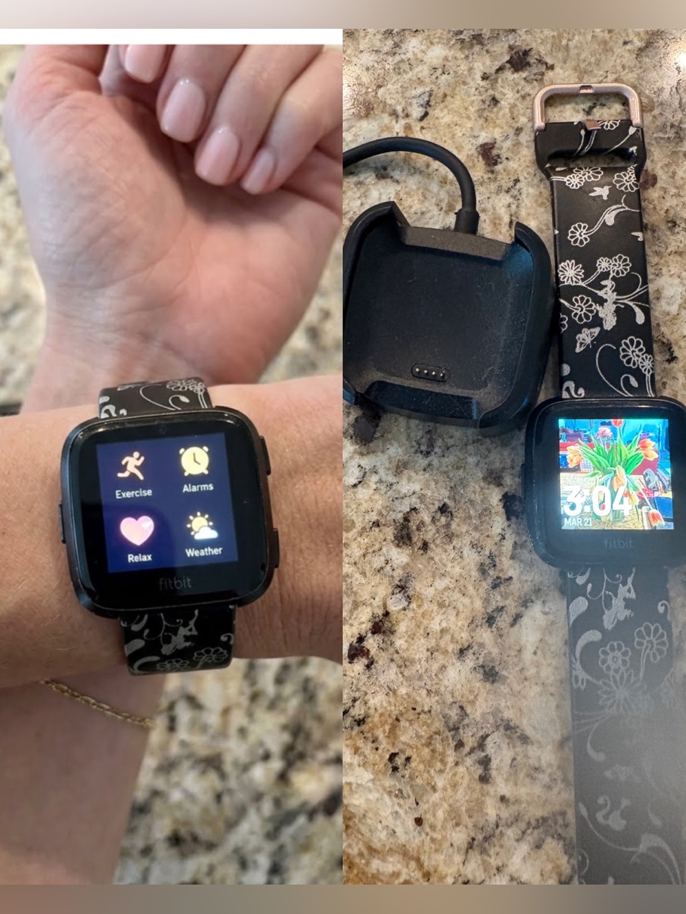 ♥️Fitbit Versa Lite: Black Watch with White Floral Silicone Band PRELOVED